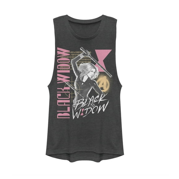 Junior's Marvel Black Widow Binary Code Festival Muscle Graphic Tee Charcoal Medium