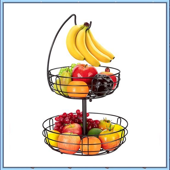 2 Tier Metal Wire Fruit Basket Holder with Banana Tree, Detachable Storage Basket for Kitchen Counter, Bronze