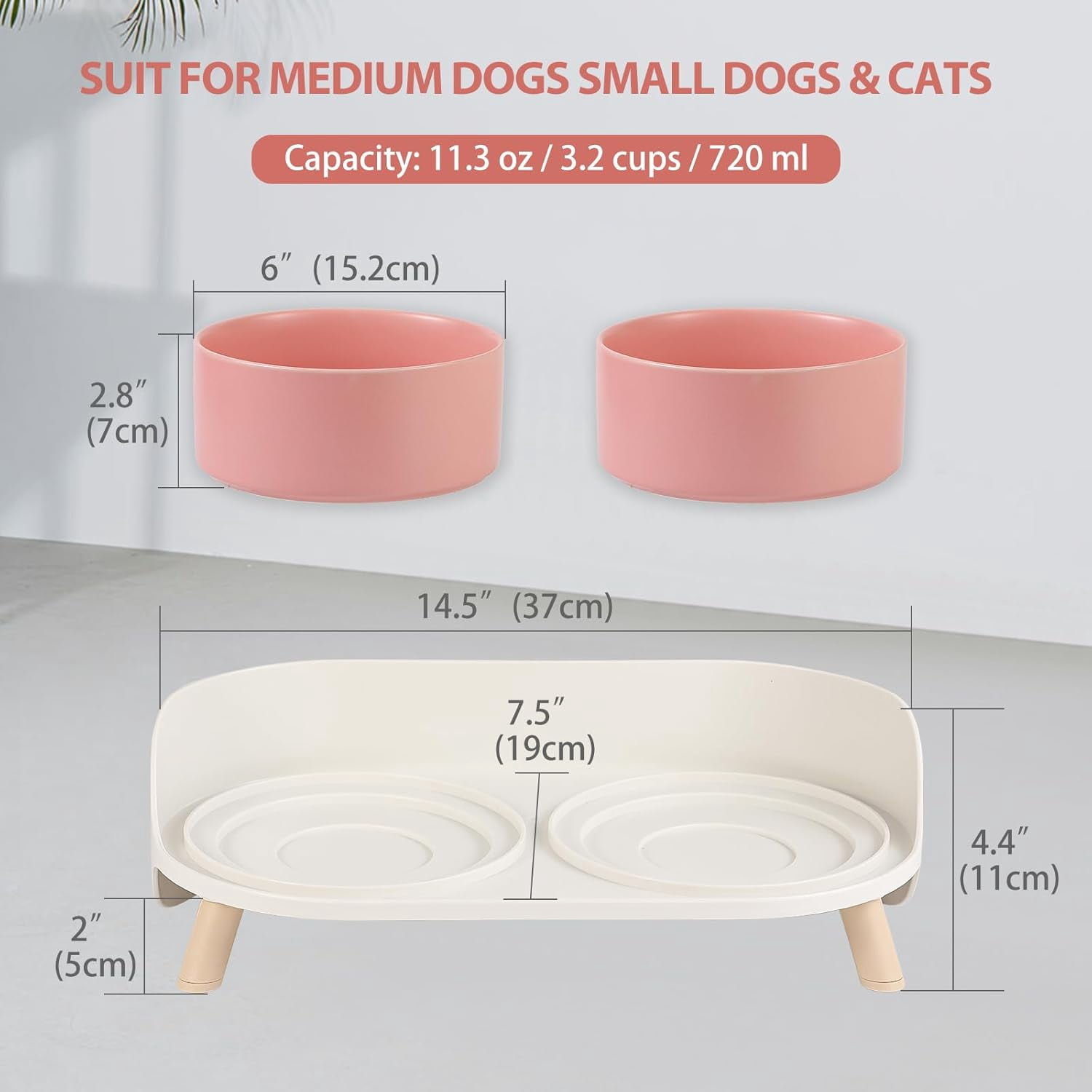 Elevated Ceramic Dog Bowl Set - Double Dog Feeding Bowls with Stand Splash Proof - Raised Dishes for Food and Water - Ideal for Small to Medium Dogs - 2 x 850 ml - 28.74 oz