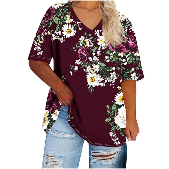 Zwiiyzr Women's Plus Size T-Shirt V-Neck Short Sleeve Summer Base Sports Blouse Burgundy (2XL)