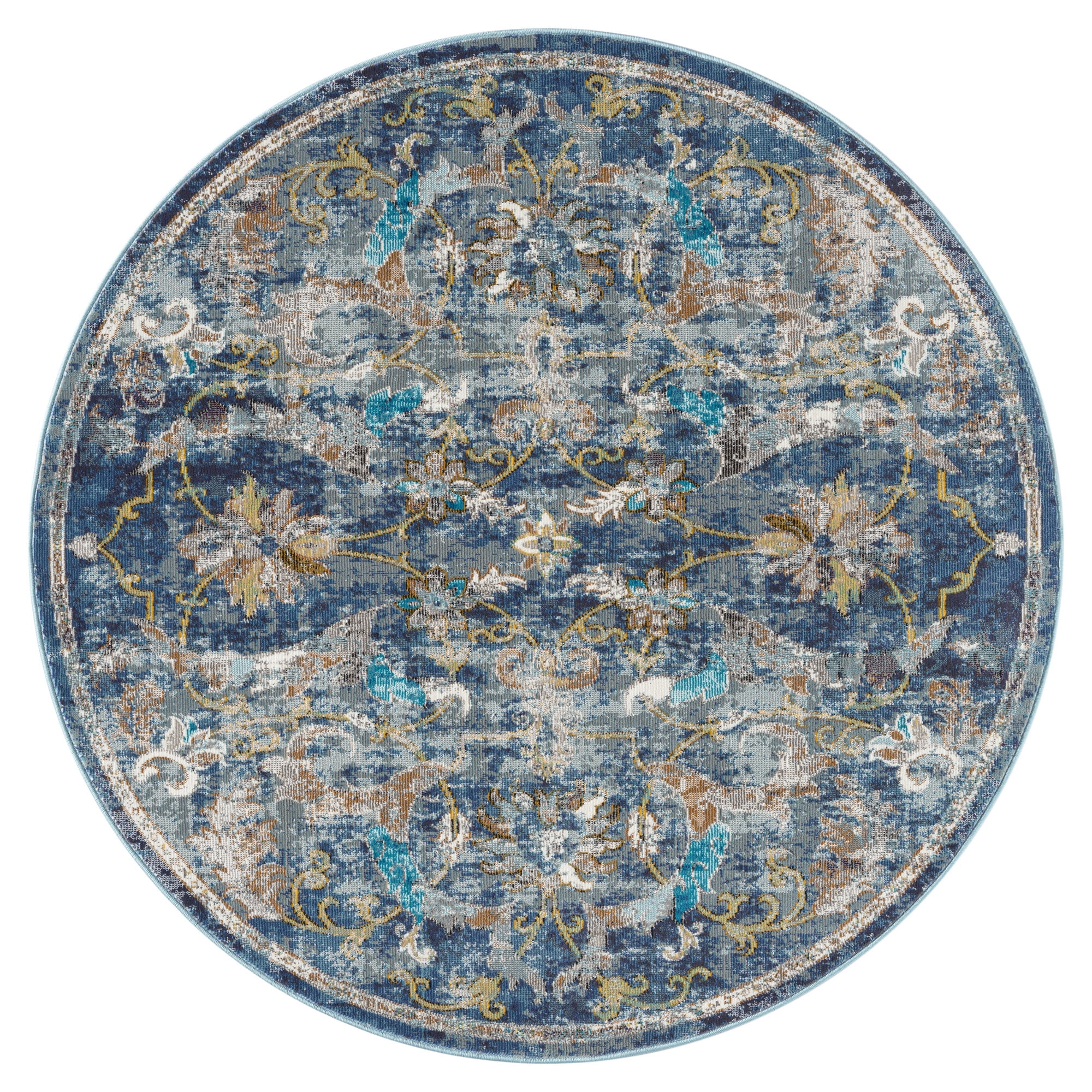 Ox Bay Ada 7'6" Round Navy Blue Floral Durable Indoor Area Rug