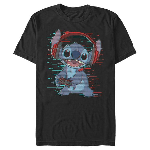 Men's Lilo & Stitch Red and Blue Gamer  Graphic Tee Black Medium