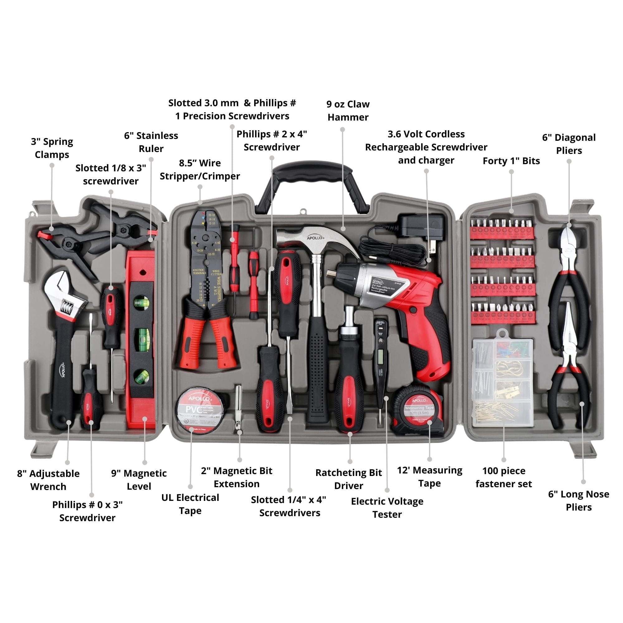 Apollo Tools 161 Piece Household Tool Kit with Convenient 3.6 Volt