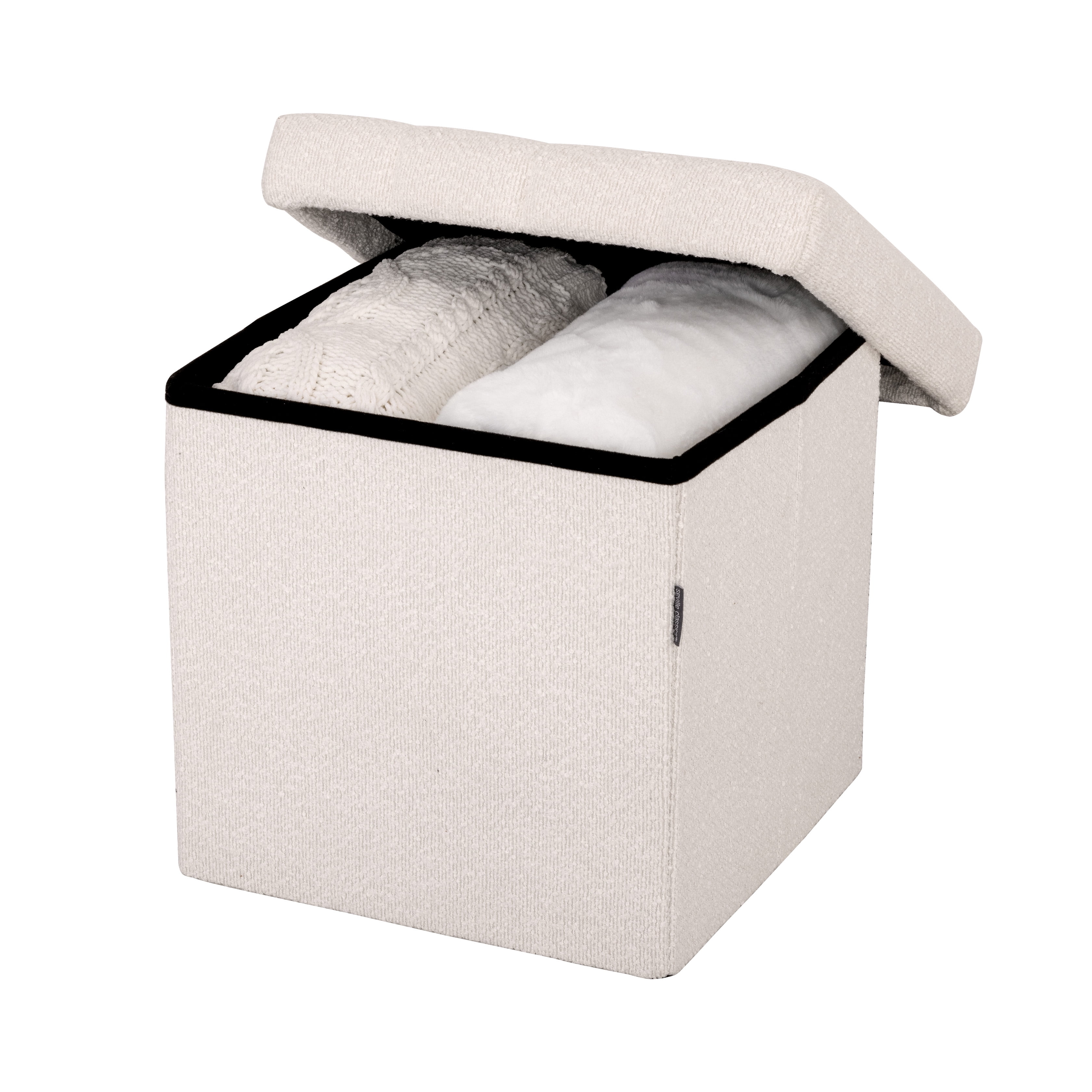 Seville Classics Cushioned Fabric Ottoman Hidden Storage Chest Footrest Chair for Bedroom, Dorm, Loft, Living Room, Entryway, Hallway, White Boucle, 15.7" Cube