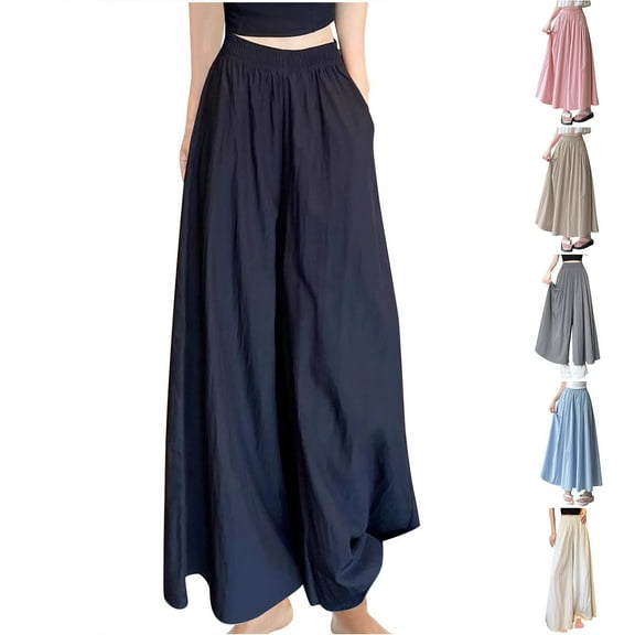 THDHVS Wide Leg Pants Woman,Flowy Pants for Women,Womens Solid Pants Elastic Waist Casual Wide Leg Trousers with Pockets Blue L