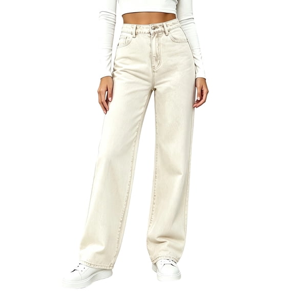 Hueook Straight Leg Jeans for Women Boyfriend High Waisted Loose and Casual High-Waisted Jeans L