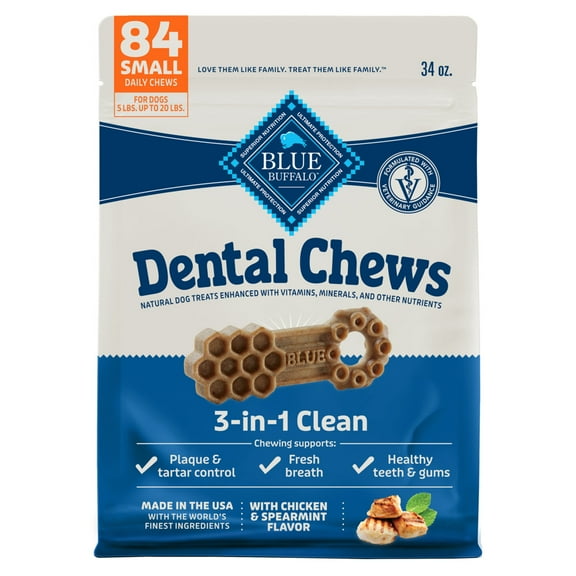 Blue Buffalo Small Dental Chews, Daily Dental Care Dog Treats, Chicken & Spearmint (84 Count)