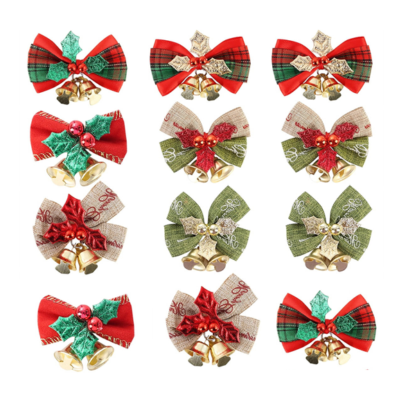 Monebena 12PCS Mini Bows with Bells, Tiny Christmas Bows Small Bowknot Ornament for Crafts Wreath Christmas Tree Decoration