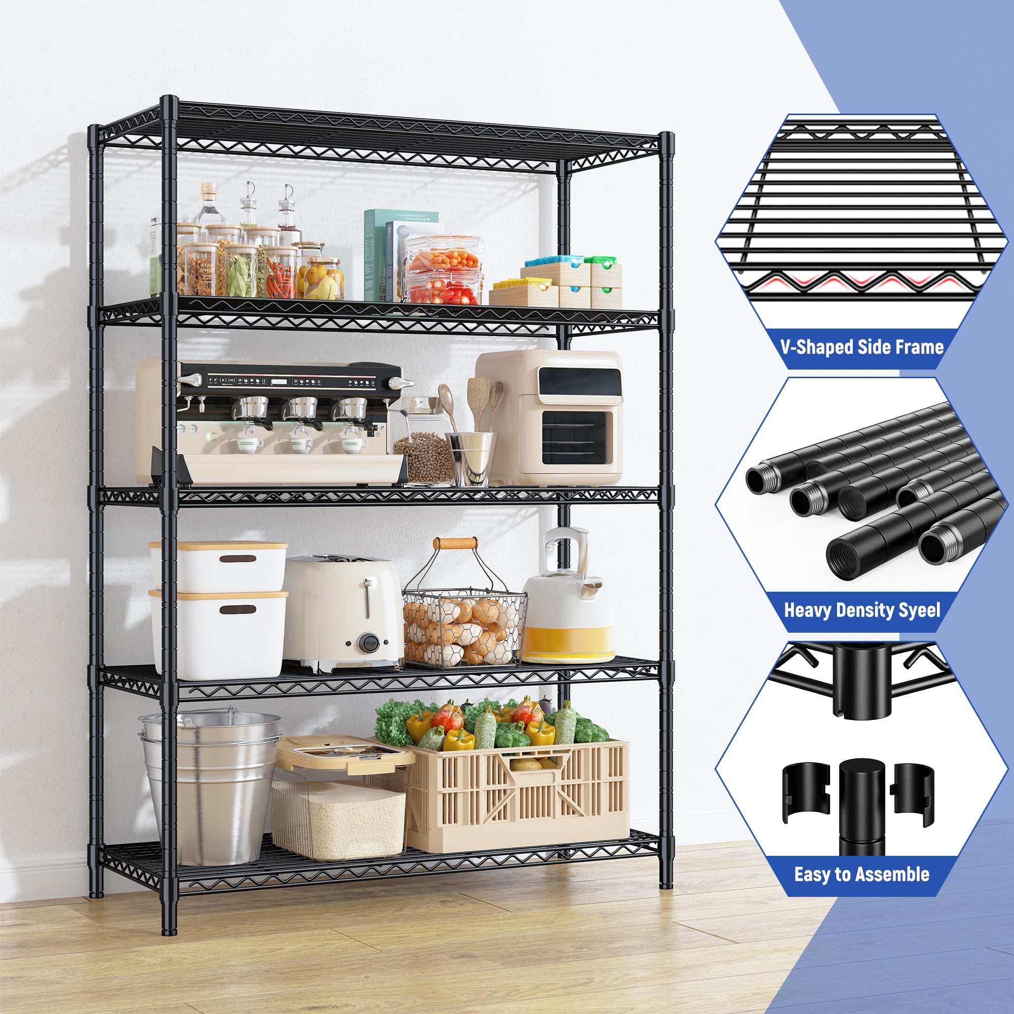 REIBII 71"H Wire Shelving Storage Shelves Metal Shelves for Storage,35.4"Wx13.7"D,Adjustable 5-Tier Garage Shelving Heavy Duty Storage Rack Pantry Shelf Kitchen Shelving,Black