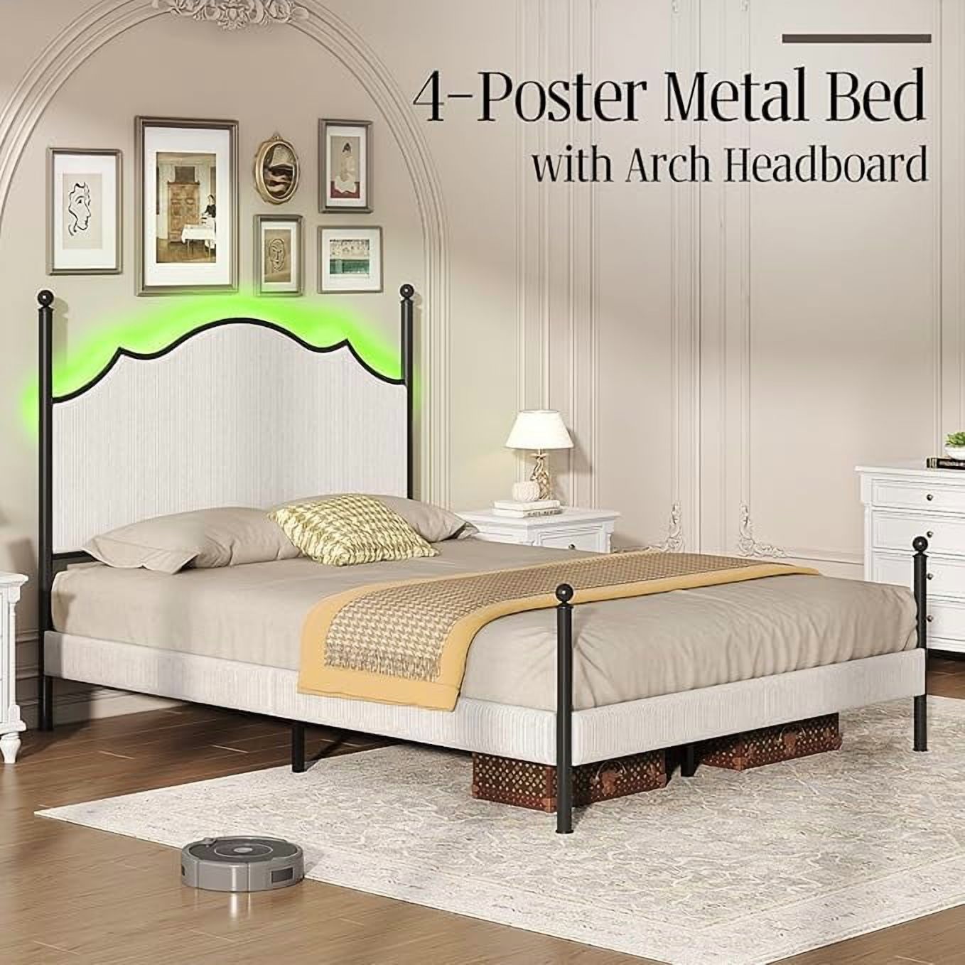 VanAcc Queen Bed Frame with LED Light & Arch Headboard, Modern Corduroy Upholstered Platform Bed with Metal Poster, Easy Assembly/Noise Free, White