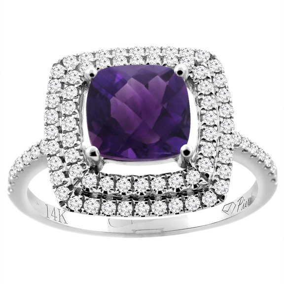 14K White Gold Natural Amethyst Ring Cushion Cut 7x7 mm Double Halo Diamond Accents, size 10