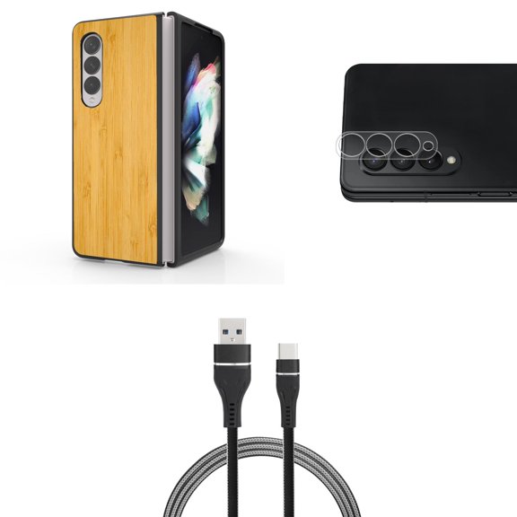Accessory Bundle for Galaxy Z Fold 4: Slim Snap-On Case (Light Wood), Rear Camera Glass Protector, Nylon Braided USB-C to USB-A Cable (3 Feet)