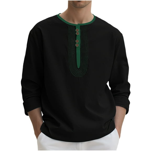Xzbqbs Mens Henly Long Sleeve Shirts Slim Fit Button Casual Pullover Tops Fashion Lightweight Crew Neck Color Block Shirts for Men