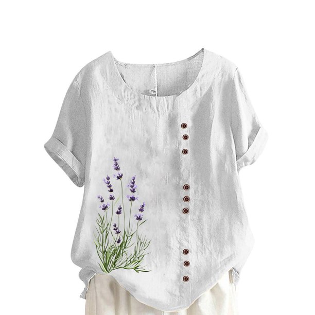 Vestidos Casuales Para Mujer, Blusas De Mujer De Moda Blusa informal de lino con cuello redondo y manga corta con botones para mujer, talla grande, estampada