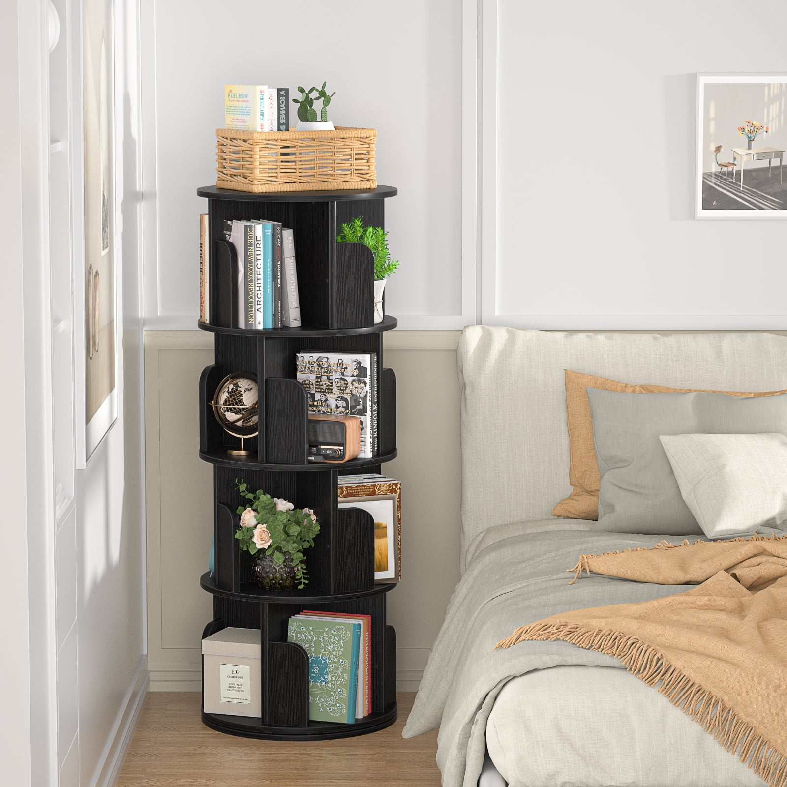 Homieasy Rotating Bookshelf, 360 Display Corner Bookshelf for Small Space, 4 Tier Floor Standing Bookcase Storage Rack, Wood Narrow Book Shelf Organizer for Bedroom, Living Room, Study Room, Black