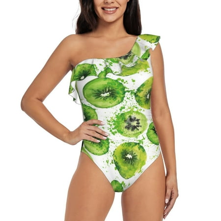 Qokaie Green Kiwi Print Women s One Piece Swimsuits Tummy Control Bathing Suits Asymmetric One Shoulder Swimwear-XX-Large