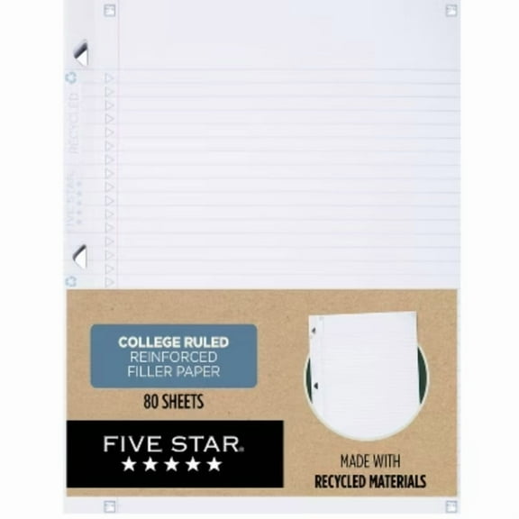 Five Star 80ct College Ruled Loose Leaf Filler Paper Recycled Reinforced: 8.5x11", 100% Recycled, White, Stationery