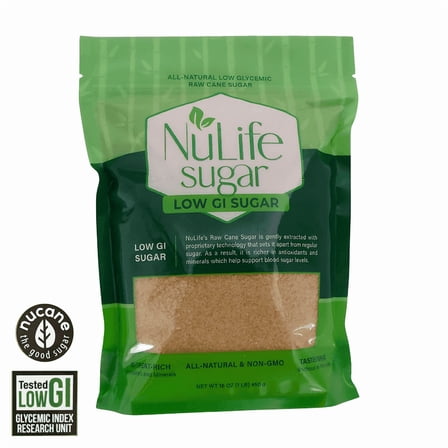 NuLife Low GI Sugar 1 LB - Low Glycemic Natural Non-GMO Cane Sugar Crystals