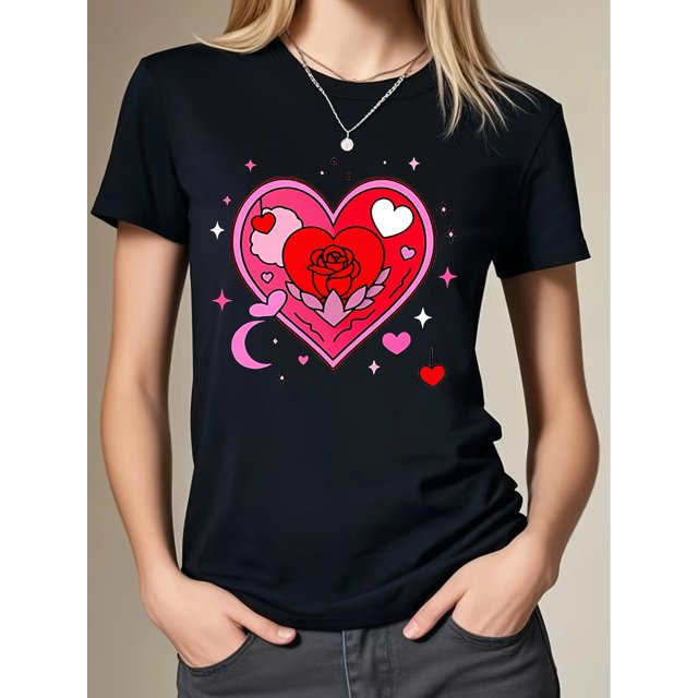 Valentine's Day Heart Print T-Shirt - Casual Crew Neck, Short Sleeve Top for Women | Breathable Outdoor Sports, All-season Tee For Adult, Men, Women, Teen, Teenager, Adolescent, Youth