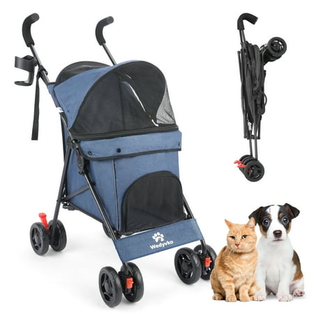Wedyvko 4 Wheel Pet Dog Stroller Foldable Carrier Strolling Cart for Small Medium Dog Cat Blue