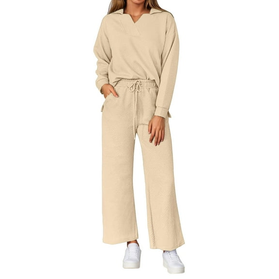 Women's Sweatsuits 2 Piece Solid Color Long Sleeve V-Neck Pullover and Sweatpants Casual Fall Comfy Fashion Tracksuit Sets