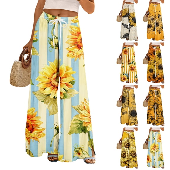Boho Wide Leg Pants for Women Flowy Drawstring Floral Palazzo Pants Baggy Tropical Hawaiian Pull on Beach Pant Blue M