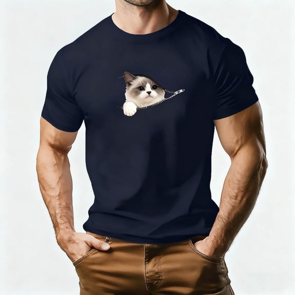 Zylanna Men's T-Shirts Tee, Cat Print Crew Neck Short Sleeve Summer Casual Tops for Men Navy