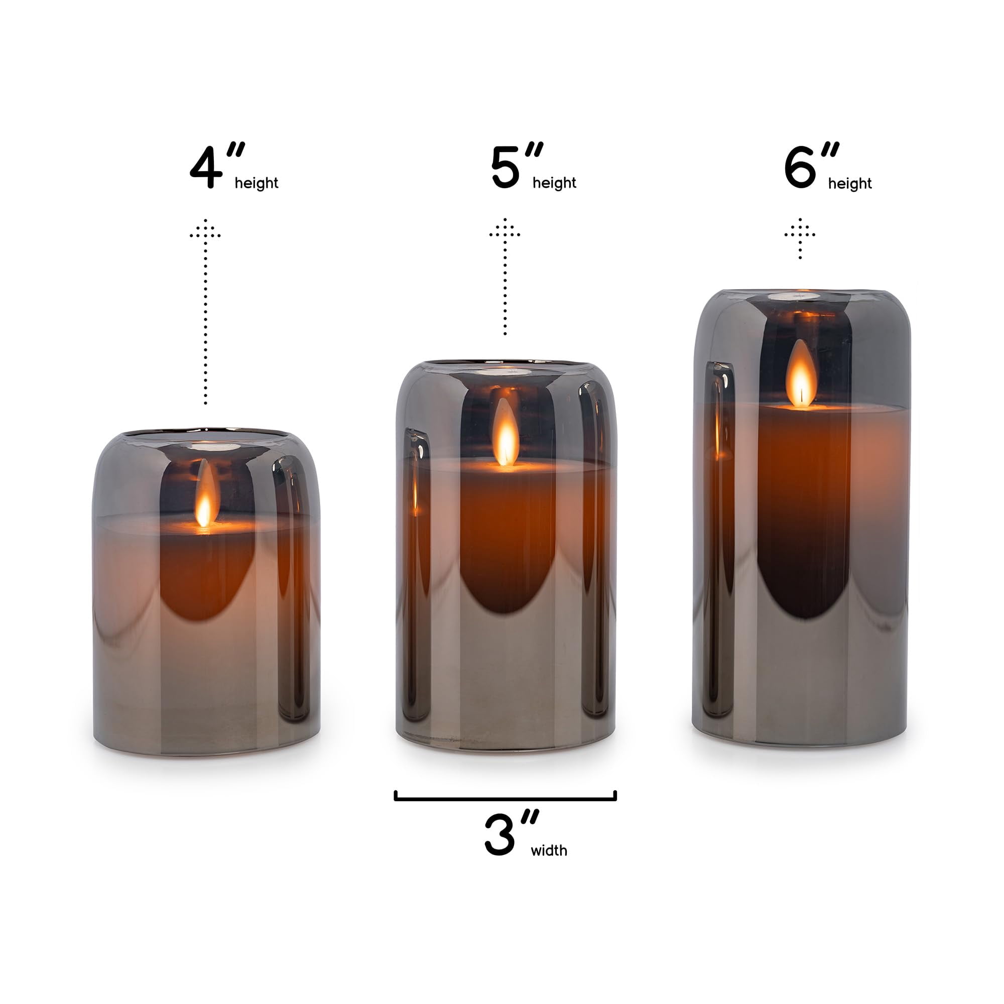 WYZworks LED Mirrored Glass Round Hurricane Pillar Flameless Candles, Real Wax Realistic Wick  Flickering Flame, Battery Operated (Included), Remote & Timer (Set of 3, Silver Gray Metallic)