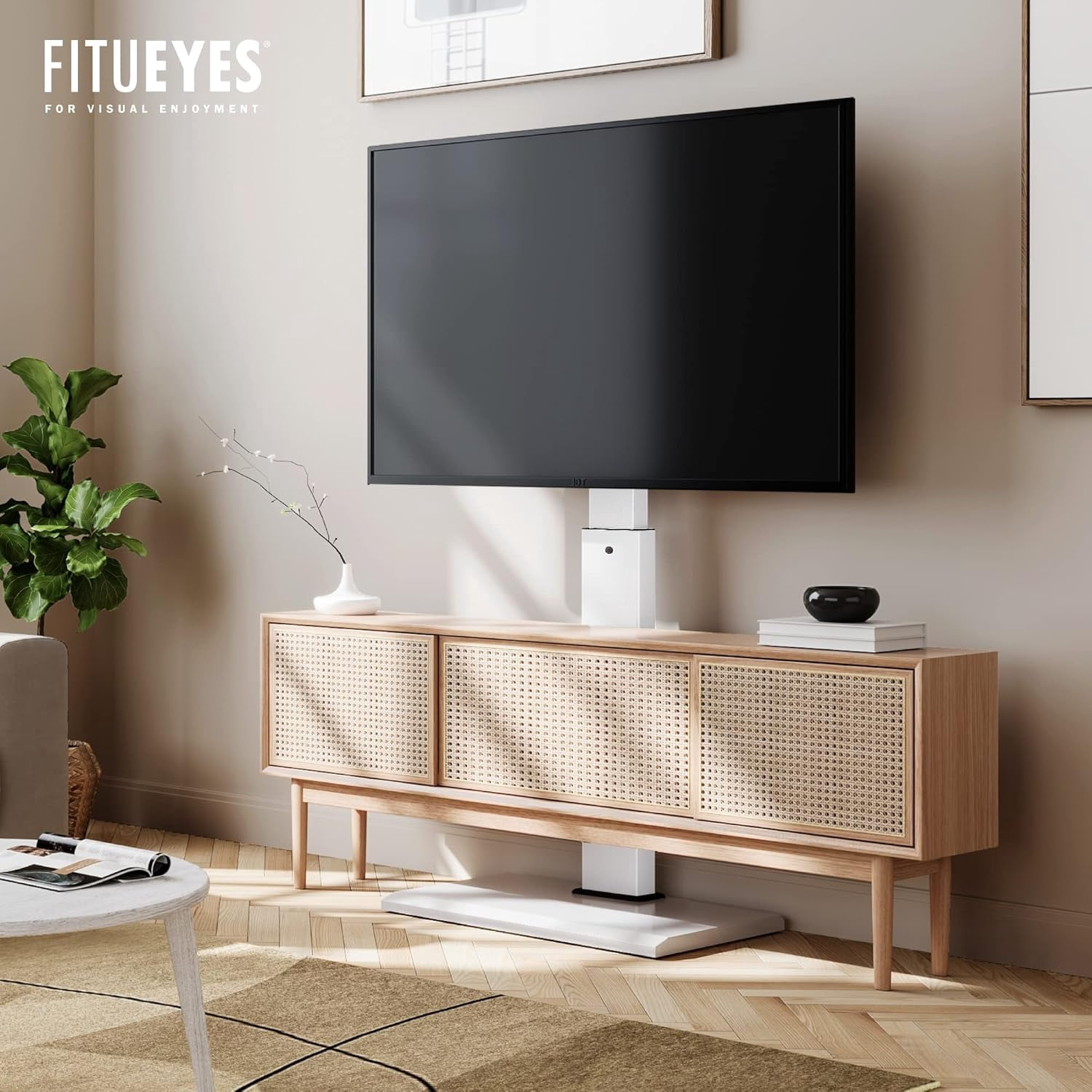 FITUEYES Floor TV Stand for 32–65 Inch TVs, White, Swivel Mount, Height Adjustable, Iron Base