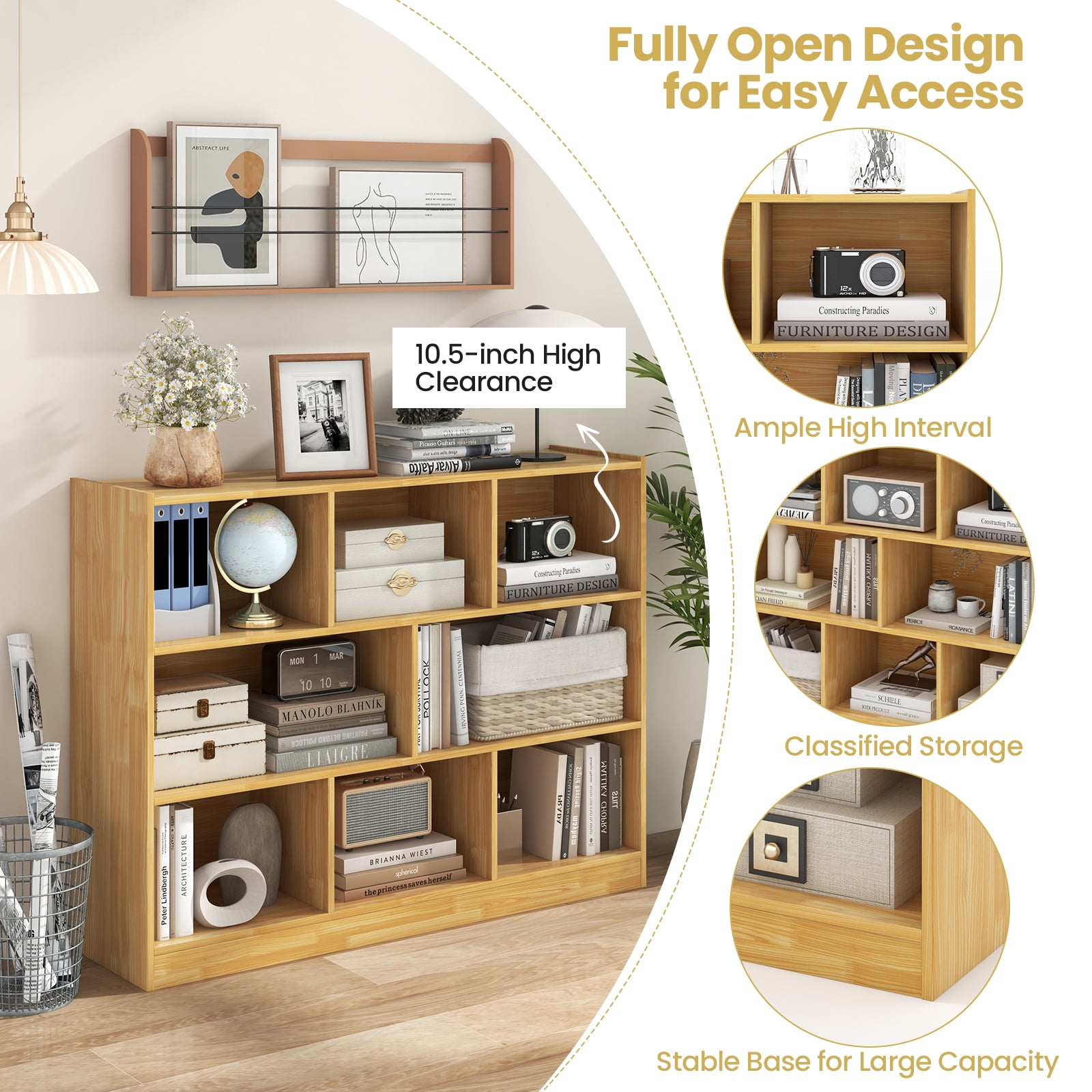 Topbuy 3 Tier Anti-Toppling Devices Modern 8 Cube Bookcase, Engineered Wood, 48"x 12.5" x 36.5"