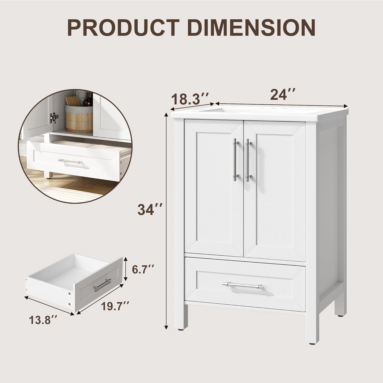 24" Bathroom Vanity with Sink, Vintage Bathroom Cabinet Vanity with Doors & Drawers, Farmhouse Wooden Freestanding Bathroom Cabinet with Top