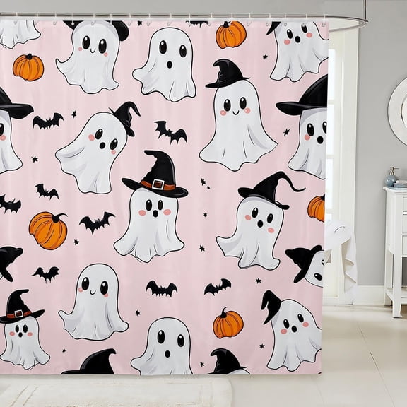 Halloween Ghost Shower Curtain Pink Cute Spooky Bats And Pumpkins Fabric Bathroom Decor Sets with Hooks 71x71 inches