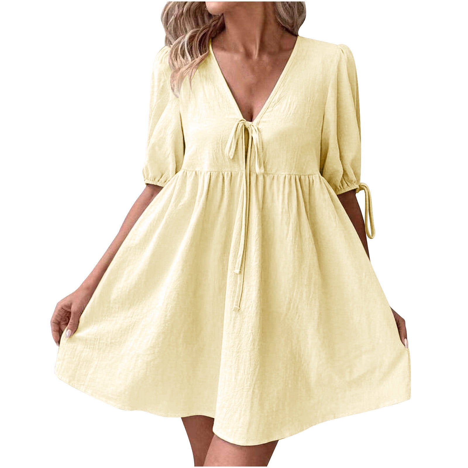 LVHAOGJOB Dress for Women Flowy A Line Mini Dress Sleeveless Graphic Yellow Boho Summer Ladies Sundress Swing
