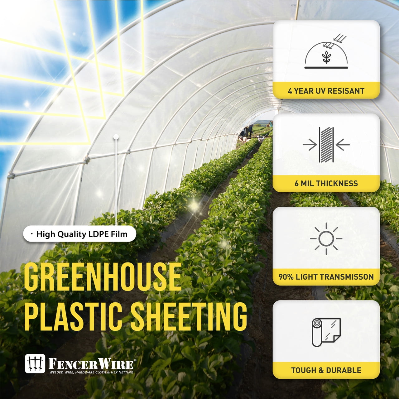 Fencer Wire 6 mil Clear Greenhouse Plastic Sheeting UV Resistant Polyethylene Greenhouse Film, Hoop House Cover for Horticulture, Gardening, Farming and Agriculture 90% Light Transmittance, 12’ x 28’