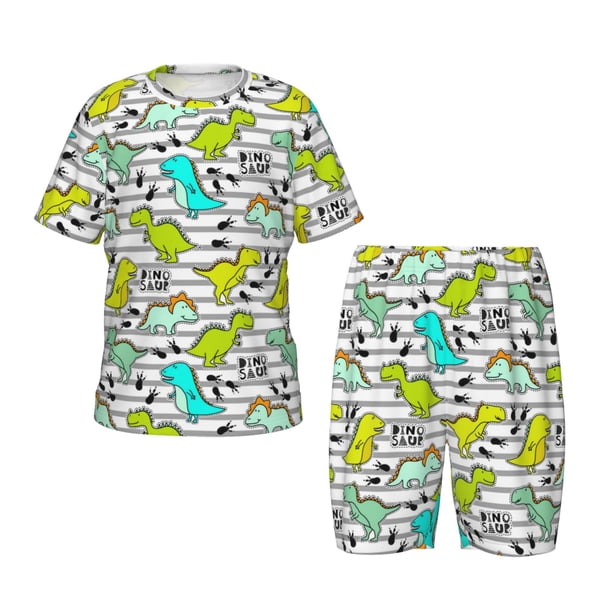 Balery Funny Dinosaurs on Stripes Conjunto de Pijama Infantil de Manga Corta con Estampado – Ropa de Dormir de Algodón Suave-Medium
