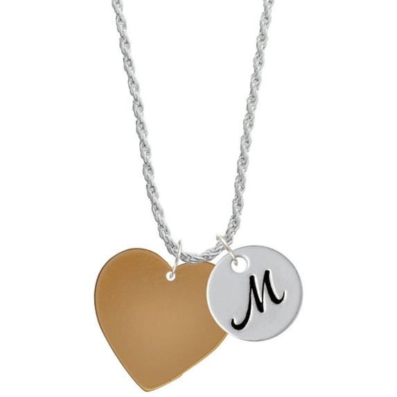 Delight Jewelry Acrylic 1" Goldtone Heart Silvertone Script Initial Disc - M - Charm Necklace, 20"+3"