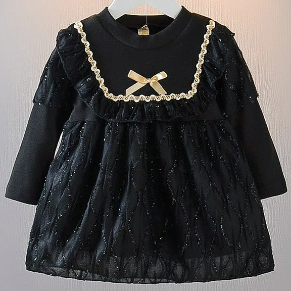 Spazoro Toddler Kids Girls Dress, Fall Winter Princess Loose Bow Long Sleeve College Style Dresses for Girls Black Size 80