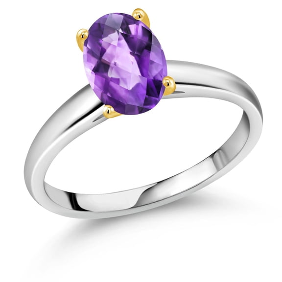Gem Stone King 1.50 Ct Oval Checkerboard Purple Amethyst 10K White and Yellow Gold Ring Ring (Size 7)