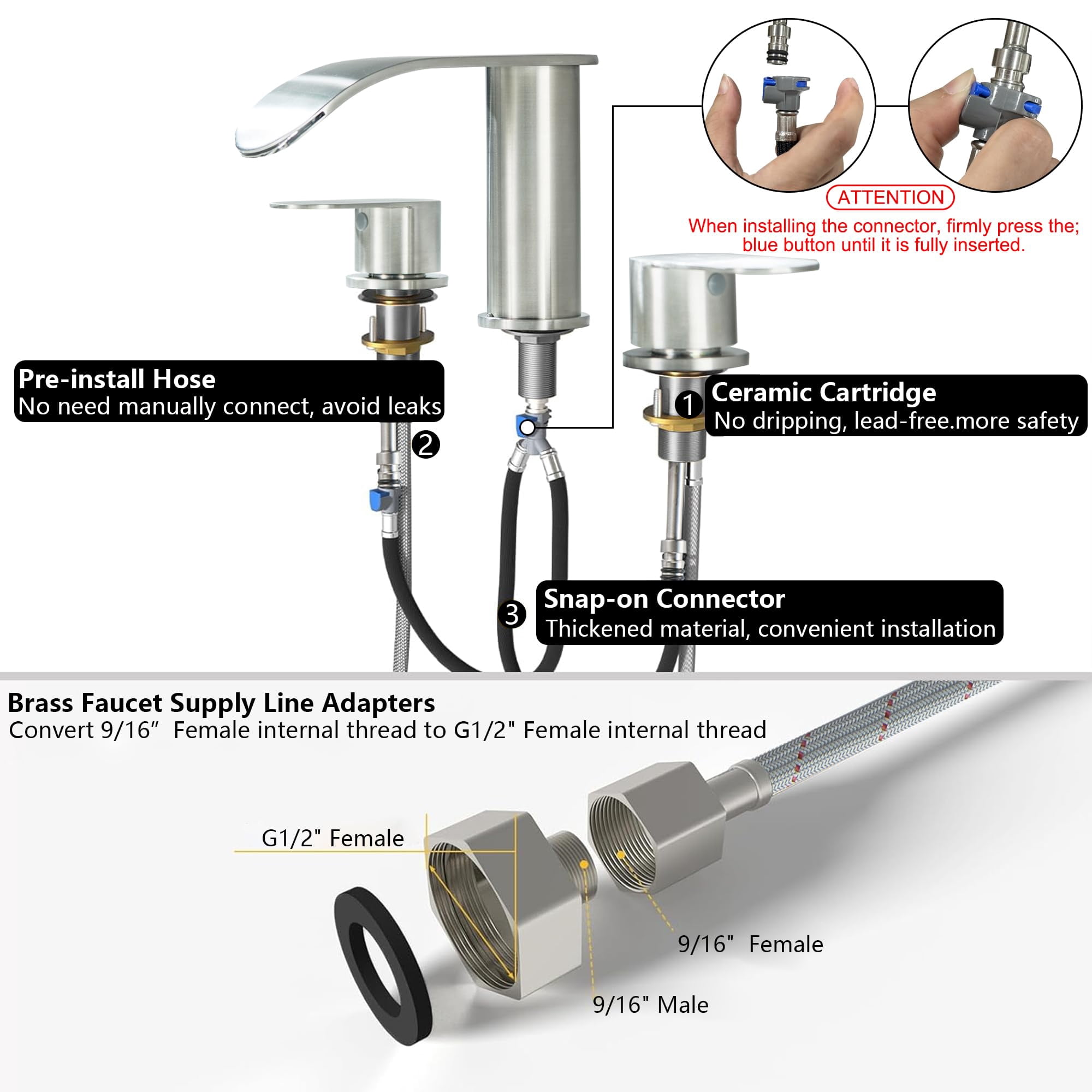 Roman Tub Faucet Brushed Nickel 3 Hole Deck Mount Waterfall Bathtub Faucet Set