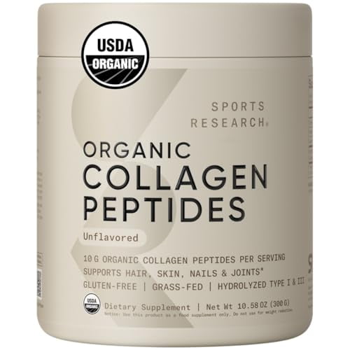 Péptidos de colágeno orgánico Sports Research® - Polvo de proteína de colágeno hidrolizado tipo I y III obtenido de forma sostenible de bovinos alimentados con pasto - Sin sabor, certificado orgánico