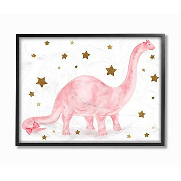 Stupell Industries Pink Dinosaur Gold Stars Kids Design Framed Wall Art by Daphne Polselli