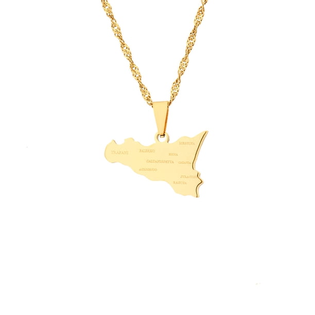 Collar con colgante de mapa Qarigey de Acero inoxidable Italia y Sicilia Color oro