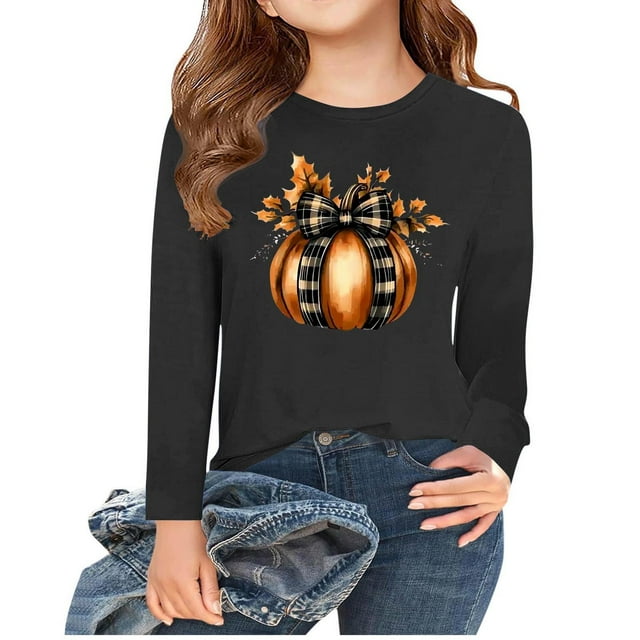 Birdeem Chemise de l'Action de Grâce pour Filles, Manches Longues pour Enfants, Col Rond Mignon, Blouse Décontractée, Col Rond, Vêtements pour Enfants