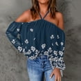 thumbnail image 3 of IROINNID Deals Womens Long Sleeve Tops Flowers Printing V-Neck Halter Sexy Off Shoulder T-Shirt Lounge Tops Blouse,Blue, 3 of 5