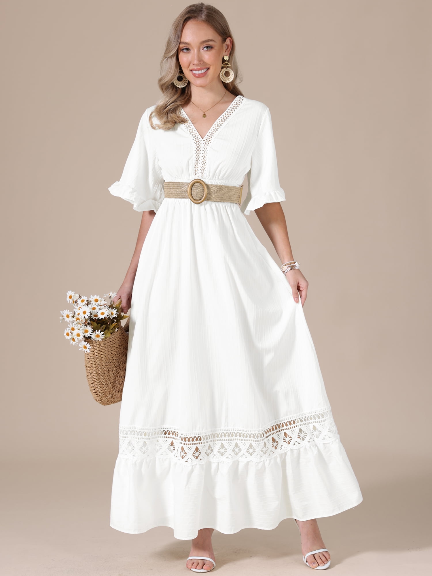 DARING DIVA Women's V Neck Lace Ruffle Boho Flowy Maxi Dress L White