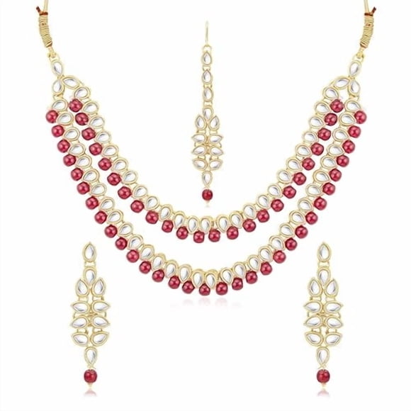 Attractive Gold Plated Maroon Kundan & Pearl Necklace Set With Earrings & Maang Tikka For Women