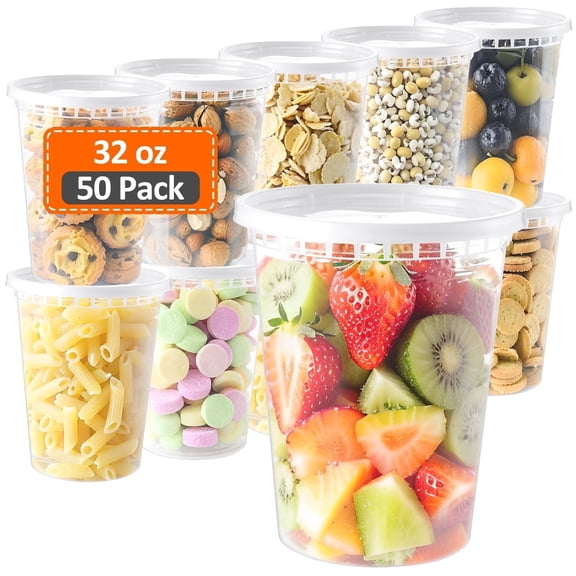 BagDream 32oz Deli Containers with Lids 50 Set Stackable Plastic Food Storage Containers with Airtight Lids, Leakproof Freezer Dishwasher Containers for Meal Prep