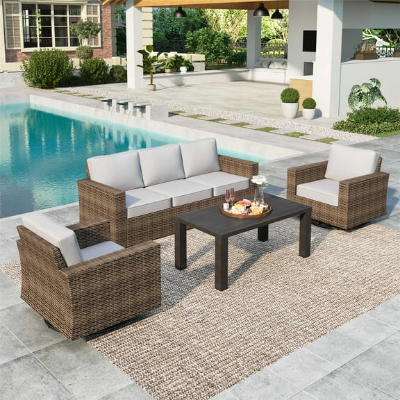 Summit Living 4 Pieces Patio Conversation Set Wicker Outdoor Furniture Sectional Sofa Set Beige