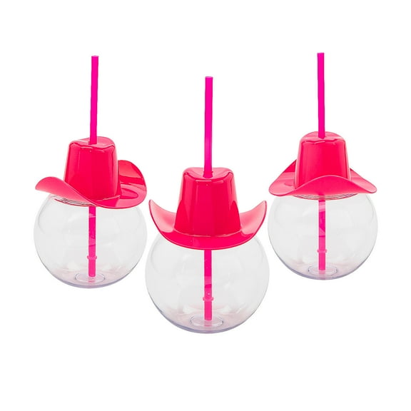 Fun Express 24 oz. Round Reusable Plastic Cups with Pink Cowboy Hat Lids & Straws - 6 Pieces