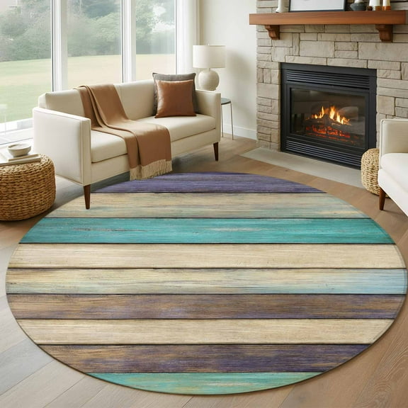 Brown Teal Home Round Rug 5ft Washable Circle Kitchen Rugs Non Slip Vintage Farmhouse Retro Wooden Large Area Rug Indoor Floor Carpet for Bedroom Living Room Home Office Dining Room Nursery